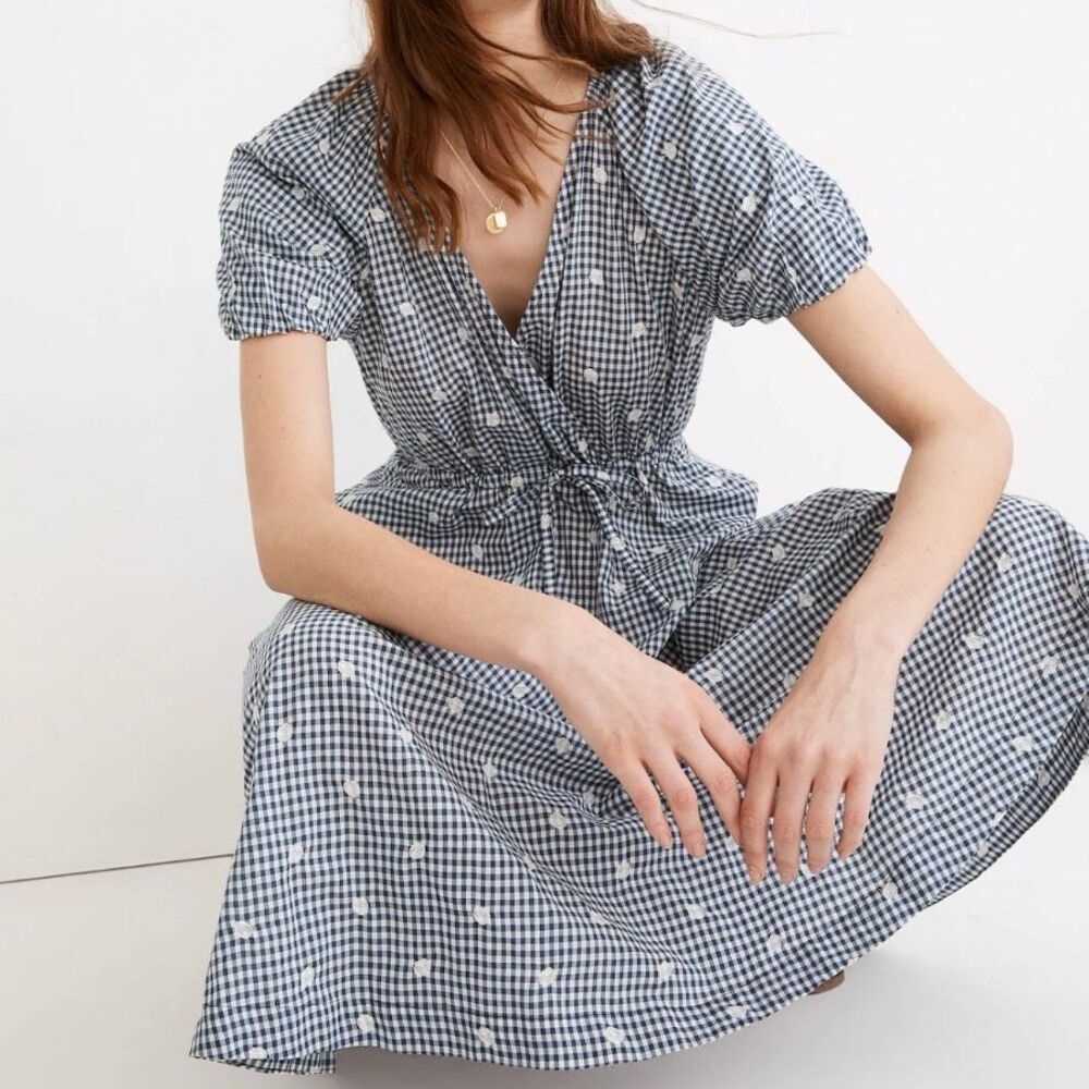 MADEWELL | Embroidered Gingham Faux-Wrap Tie-Waist Midi Dress Navy White | Large